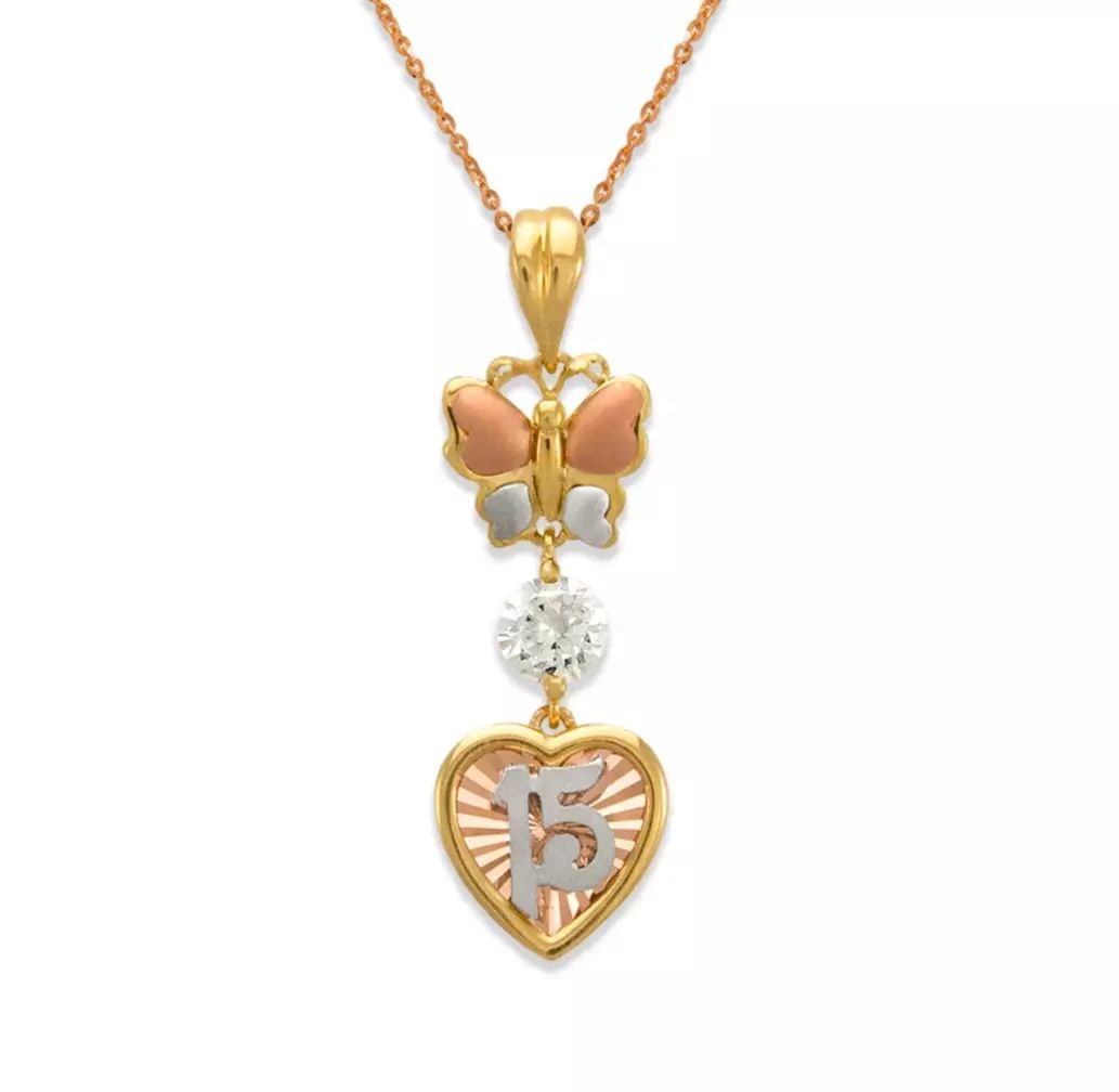 NEW 14K TRICOLOR GOLD FANCY 15 ANOS BUTTERFLY CZ PENDANT: NEW 14K TRICOLOR GOLD FANCY 15 ANOS BUTTERFLY CZ PENDANT 14K Tricolor Gold Approx. 12x37mm Items in this Set: Ring Available as a Set Available in White Gold Chains Sold Separately Weight: 3.3 Grams