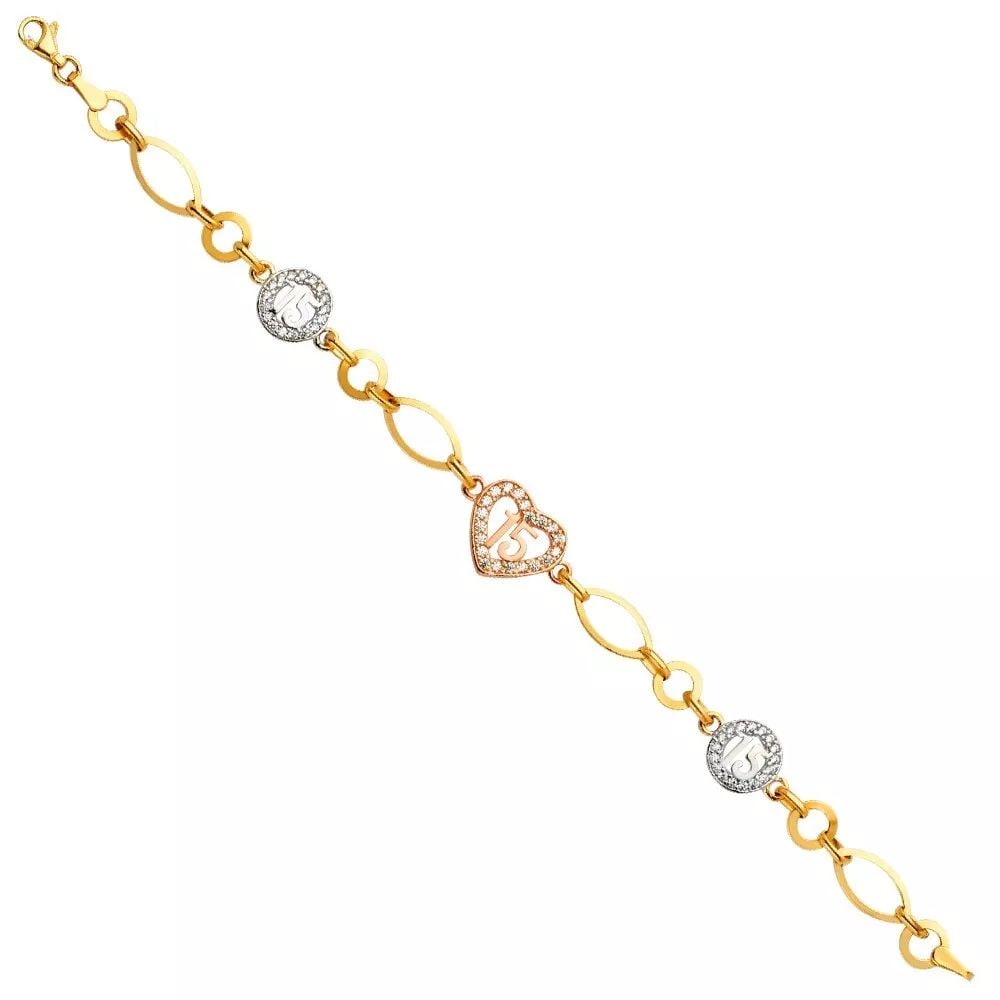 NEW 14K TRI COLOR GOLD 15 YEARS CZ BRACELET: NEW 14K TRI COLOR GOLD 15 YEARS CZ BRACELET 14K TRI COLOR GOLD NEW 15 YEARS CZ BRACELET WEIGHT: 1.5 g