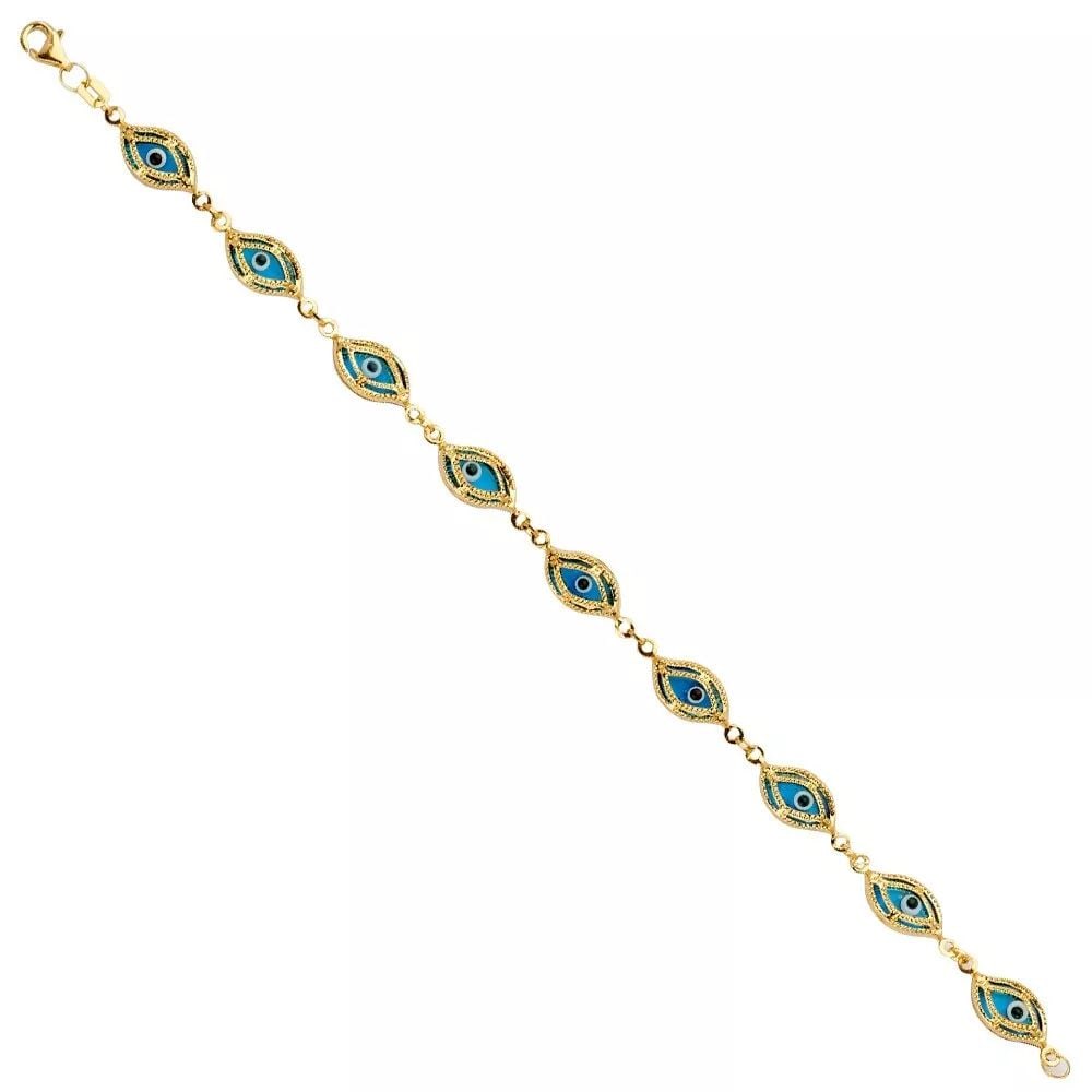 NEW 14K YELLOW GOLD BLUE EVIL EYE BRACELET: NEW 14K YELLOW GOLD BLUE EVIL EYE BRACELET 14K YELLOW GOLD NEW BLUE EVIL EYE BRACELET WEIGHT: 7 g LENGTH: 7.5in