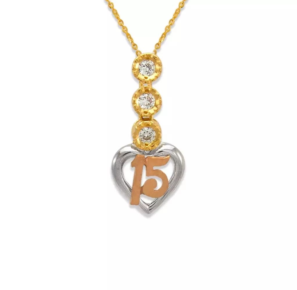 NEW 14K TRICOLOR GOLD FANCY 15 ANOS HEART CZ PENDANT: NEW 14K TRICOLOR GOLD FANCY 15 ANOS HEART CZ PENDANT 14K Tricolor Gold Approx. 12x24mm Available in White Gold Items in this Set: Earrings, Ring Available as a Set Chains Sold Separately Weight: 2.2 G