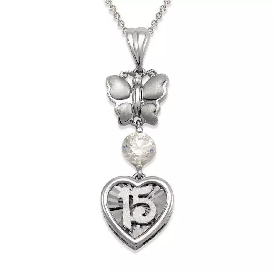 NEW 14K WHITE GOLD FANCY 15 ANOS BUTTERFLY CZ PENDANT: NEW 14K WHITE GOLD FANCY 15 ANOS BUTTERFLY CZ PENDANT 14K White Gold Approx. 12x37mm Items in this Set: Ring Available as a Set Available in Tricolor Gold Chains Sold Separately Weight: 3.2 Grams