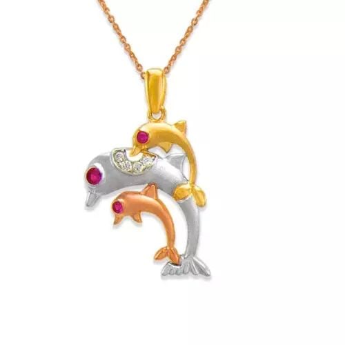 NEW 14K TRICOLOR GOLD FANCY TRIPLE DOLPHIN CZ PENDANT: NEW 14K TRICOLOR GOLD FANCY TRIPLE DOLPHIN CZ PENDANT 14K Tricolor Gold Approx. 22mm High Polished/Cubic Zirconia Chains Sold Separately Weight: 2.5 Grams