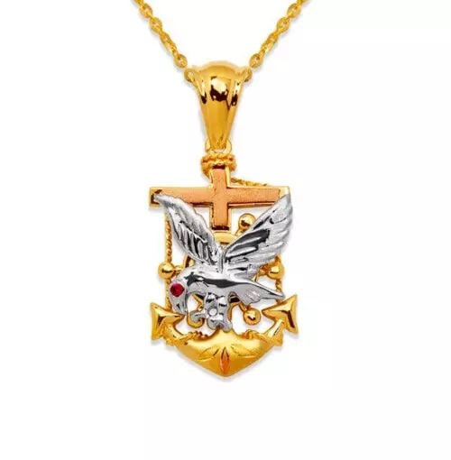 NEW 14K TRICOLOR GOLD FANCY EAGLE ANCHOR CZ PENDANT: NEW 14K TRICOLOR GOLD FANCY EAGLE ANCHOR CZ PENDANT 14K Tricolor Gold Approx. 16x25mm High Polished/Cubic Zirconia Chains Sold Separately Weight: 3.9 Grams