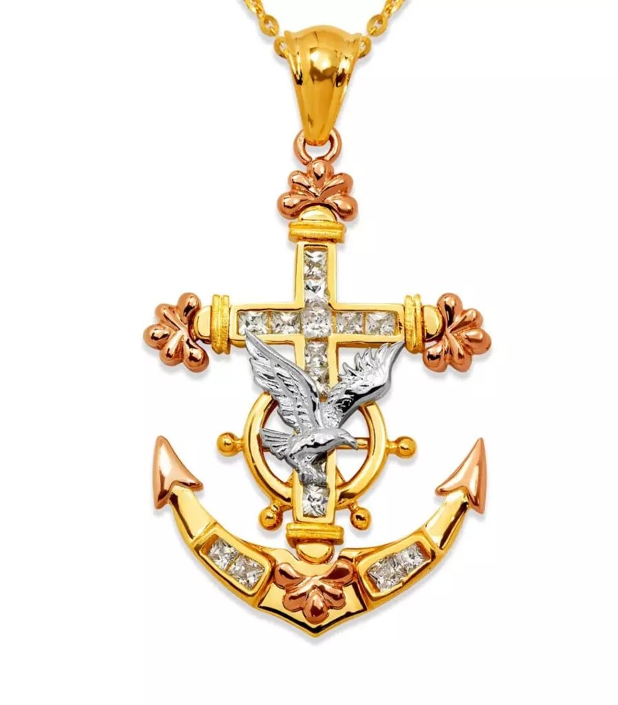 NEW 14K TRICOLOR GOLD FANCY EAGLE ANCHOR CZ PENDANT: NEW 14K TRICOLOR GOLD FANCY EAGLE ANCHOR CZ PENDANT 14K Tricolor Gold Approx. 27x39mm High Polished/Cubic Zirconia Chains Sold Separately Weight: 8.9 Grams