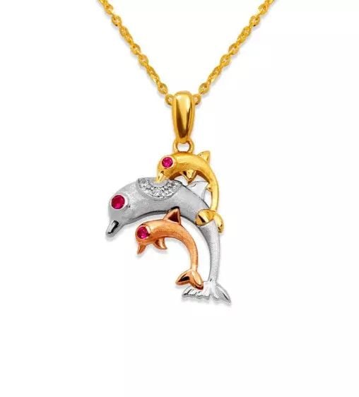 NEW 14K TRICOLOR GOLD FANCY TRIPLE DOLPHIN CZ PENDANT: NEW 14K TRICOLOR GOLD FANCY TRIPLE DOLPHIN CZ PENDANT 14K Tricolor Gold Approx. 15x20mm High Polished/Cubic Zirconia Chains Sold Separately Weight: 1.8 Grams