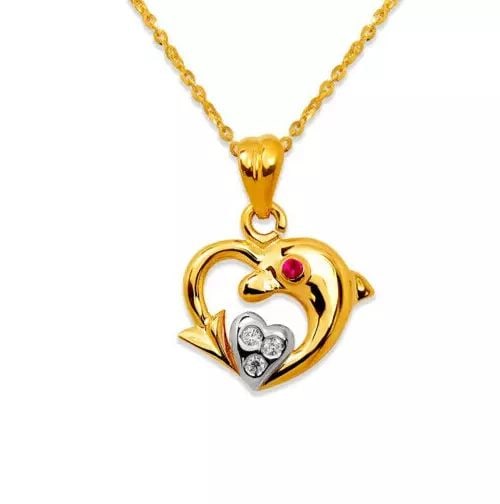NEW 14K TWO-TONE GOLD FANCY DOLPHIN HEART CZ PENDANT: NEW 14K TWO-TONE GOLD FANCY DOLPHIN HEART CZ PENDANT 14K Two Tone Gold Approx. 16x14mm High Polished/Cubic Zirconia Chains Sold Separately Weight: 2.3 Grams