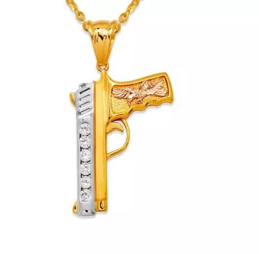 NEW 14K TRICOLOR GOLD FANCY HANDGUN CZ PENDANT: NEW 14K TRICOLOR GOLD FANCY HANDGUN CZ PENDANT 14K Tricolor Gold Approx. 26x37mm High Polished/Cubic Zirconia Chains Sold Separately Weight: 6.9 Grams