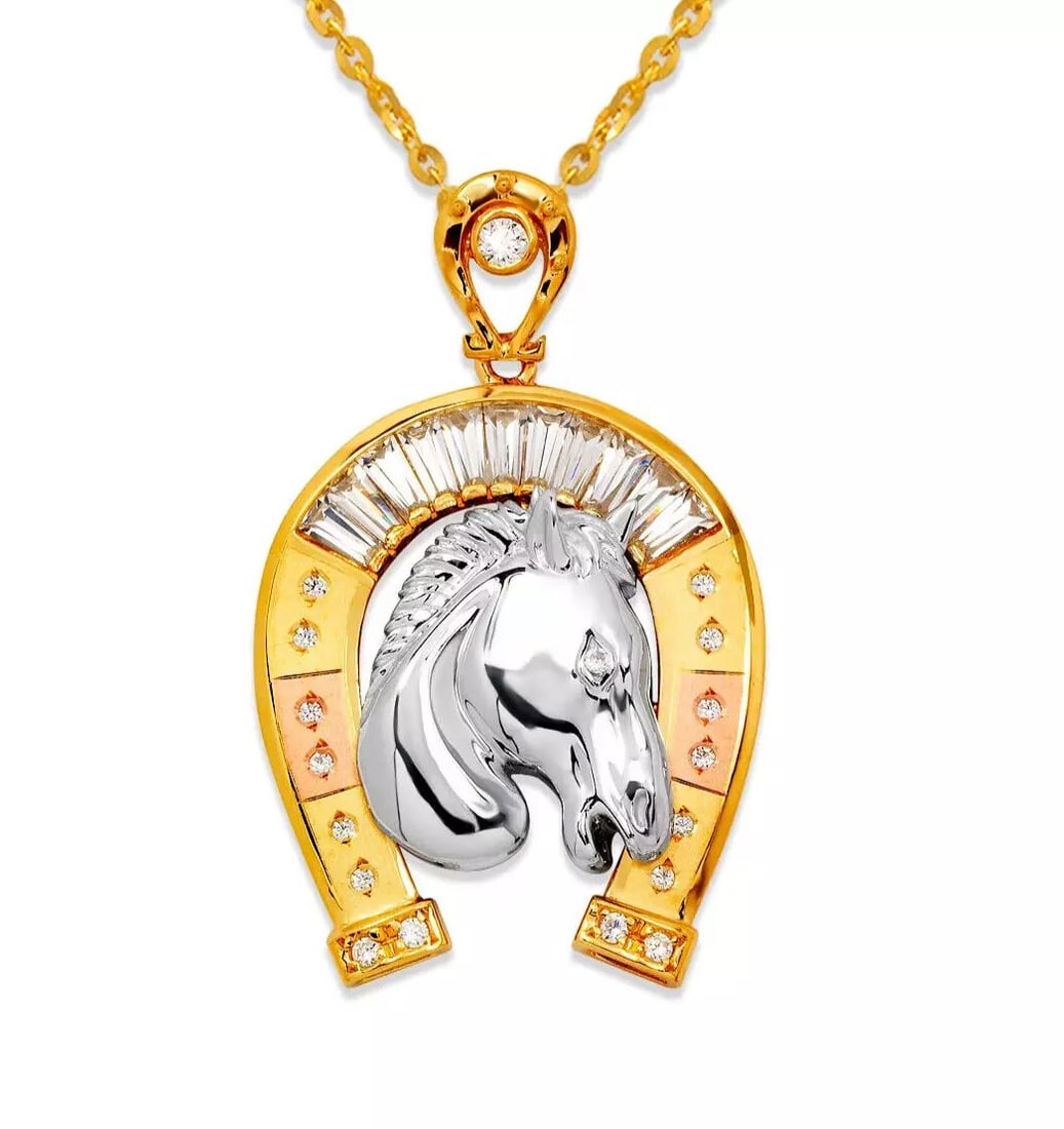 NEW 14K TRICOLOR GOLD FANCY HORSESHOE WITH CZ PENDANT (1 of 2)