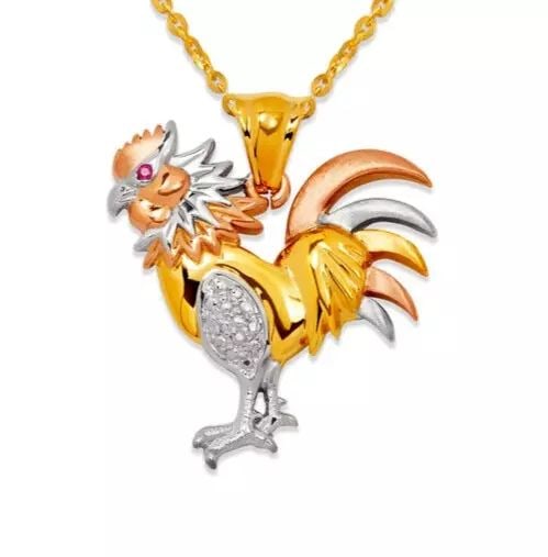 NEW 14K TRICOLOR GOLD FANCY ROOSTER CZ PENDANT: NEW 14K TRICOLOR GOLD FANCY ROOSTER CZ PENDANT 14K Tricolor Gold Approx. 30x33mm High Polished/Cubic Zirconia Chains Sold Separately Weight: 7.3 Grams