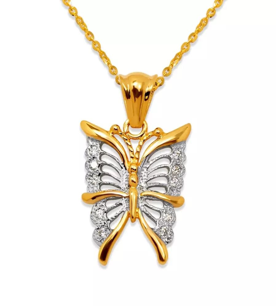 NEW 14K TWO TONE GOLD FANCY BUTTERFLY CZ PENDANT: NEW 14K TWO TONE GOLD FANCY BUTTERFLY CZ PENDANT 14K Two Tone Gold Approx. 16x21mm High Polished/Cubic Zirconia Chains Sold Separately Weight: 3.6 Grams