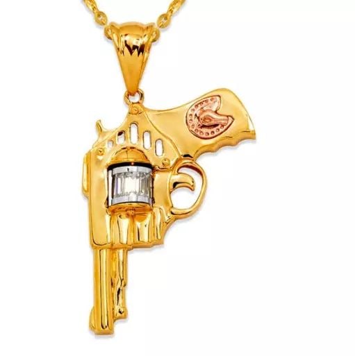 NEW 14K TRICOLOR GOLD FANCY REVOLVER CZ PENDANT: NEW 14K TRICOLOR GOLD FANCY REVOLVER CZ PENDANT 14K Tricolor Gold Approx. 26x37mm High Polished/Cubic Zirconia Chains Sold Separately Weight: 7.0 Grams