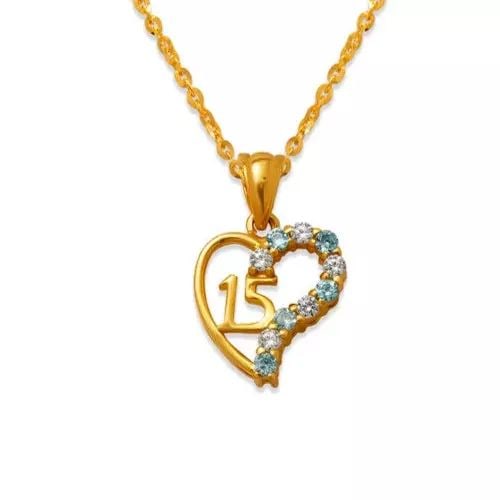 NEW 14K YELLOW GOLD 15 ANOS HEART BLUE CZ PENDANT: NEW 14K YELLOW GOLD 15 ANOS HEART BLUE CZ PENDANT 14K Yellow Gold Approx. 11x12mm High Polished/Cubic Zirconia Chains Sold Separately Weight: 1.1 Grams