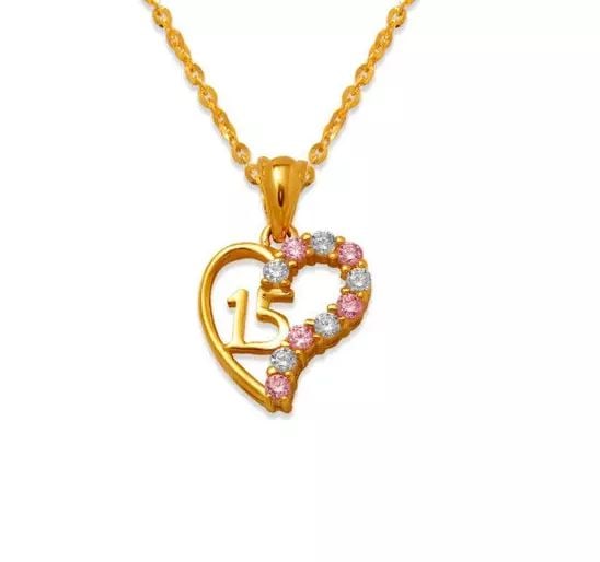 NEW 14K YELLOW GOLD 15 ANOS HEART PINK CZ PENDANT: NEW 14K YELLOW GOLD 15 ANOS HEART PINK CZ PENDANT 14K Yellow Gold Approx. 11x12mm High Polished/Cubic Zirconia Chains Sold Separately Weight: 1.2 Grams