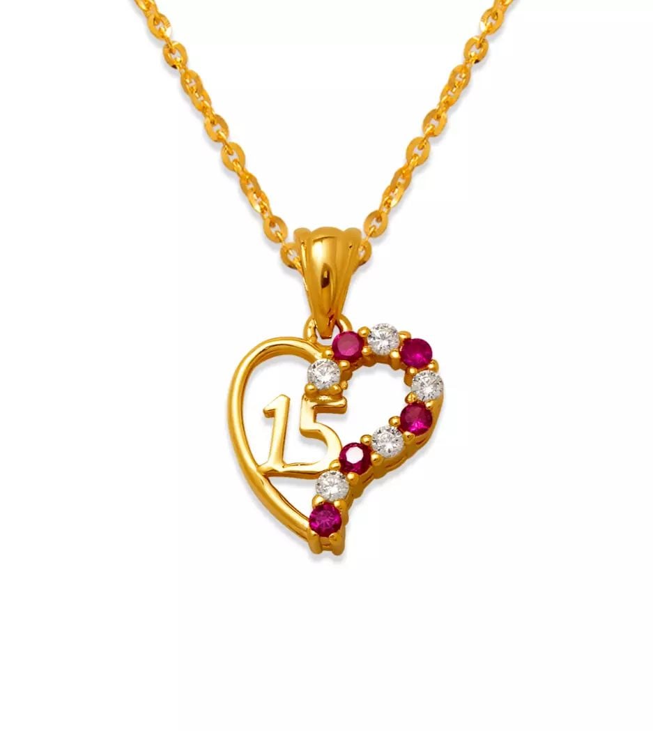 NEW 14K YELLOW GOLD 15 ANOS HEART RED CZ PENDANT (1 of 2)