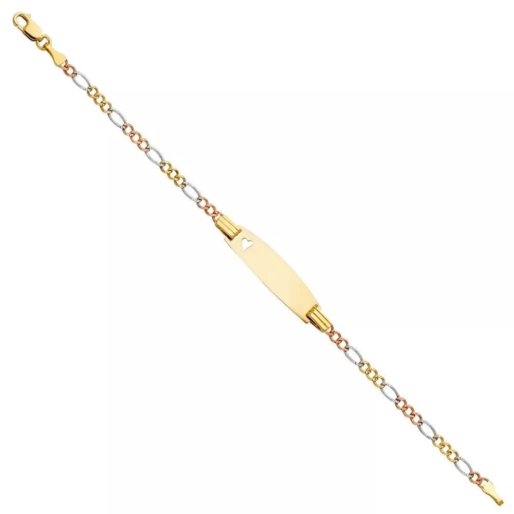 NEW 14K 060 FIGARO 3+1 3C BABY OVAL ID WITH HEART BRACELET: NEW 14K 060 FIGARO 3+1 TRI COLOR BABY OVAL ID WITH HEART BRACELET 14K 060 FIGARO 3+1 NEW TRI COLOR BABY OVAL ID WITH HEART BRACELET WEIGHT: 2.4g LENGTH: 6in