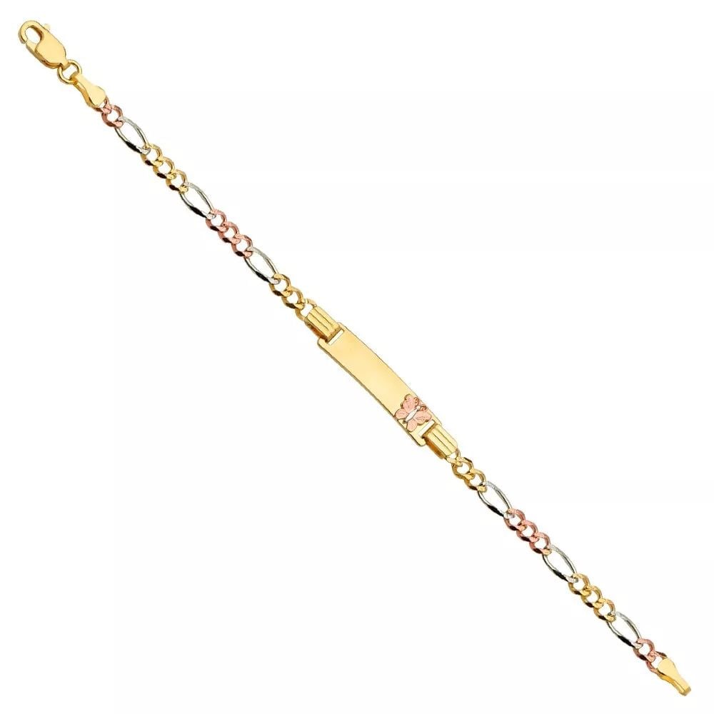 NEW 14K TRI COLOR GOLD FIGARO 3+1 080 BUTTERFLY BABY ID BRACELET: NEW 14K TRI COLOR FIGARO 3+1 080 BUTTERFLY BABY ID BRACELET 14K MULTI COLOR GOLD NEW TRI COLOR FIGARO 3+1 080 BUTTERFLY BABY ID BRACELET WEIGHT: 3.57 g LENGTH: 6in