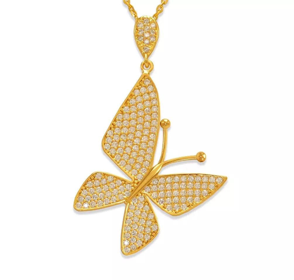 NEW 14K YELLOW GOLD FANCY BUTTERFLY CZ PENDANT: NEW 14K YELLOW GOLD FANCY BUTTERFLY CZ PENDANT 14K Yellow Gold Approx. 26x42mm High Polished/Cubic Zirconia Available in Rose and White Gold Chains Sold Separately Weight: 2.9 Grams