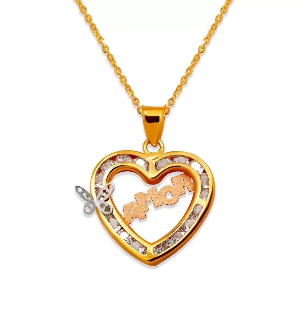 NEW 14K TRICOLOR GOLD AMOR HEART CZ PENDANT: NEW 14K YELLOW GOLD FANCY HEART CZ PENDANT 14K Yellow Gold Approx. 20x6mm High Polished/Cubic Zirconia Chains Sold Separately Weight: 0.9 Grams