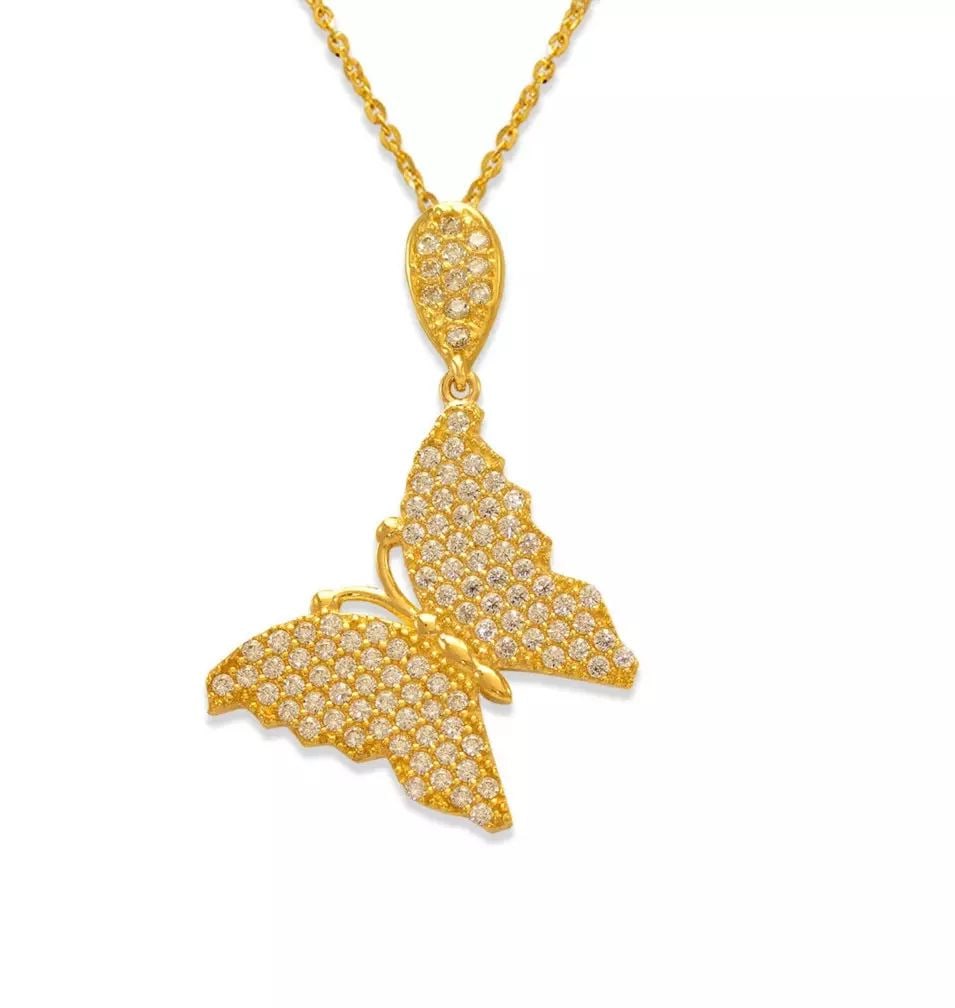 NEW 14K YELLOW GOLD FANCY BUTTERFLY CZ PENDANT: NEW 14K YELLOW GOLD FANCY BUTTERFLY CZ PENDANT 14K Yellow Gold Approx. 19x29mm High Polished/Cubic Zirconia Available in Rose and White Gold Chains Sold Separately Weight: 2.2 Grams
