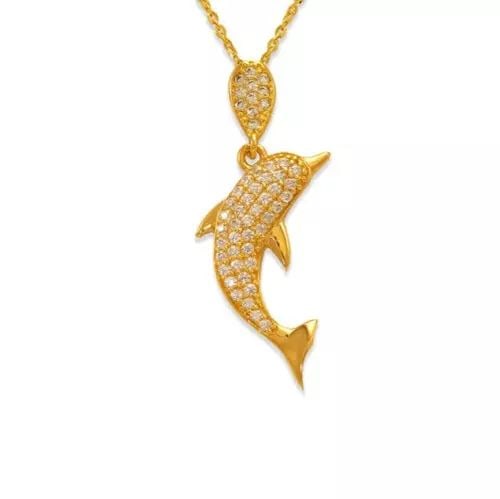 NEW 14K YELLOW GOLD FANCY DOLPHINE CZ PENDANT: NEW 14K YELLOW GOLD FANCY DOLPHINE CZ PENDANT 14K Yellow Gold Approx. 12x31mm High Polished/Cubic Zirconia Chains Sold Separately Weight: 1.5 Grams