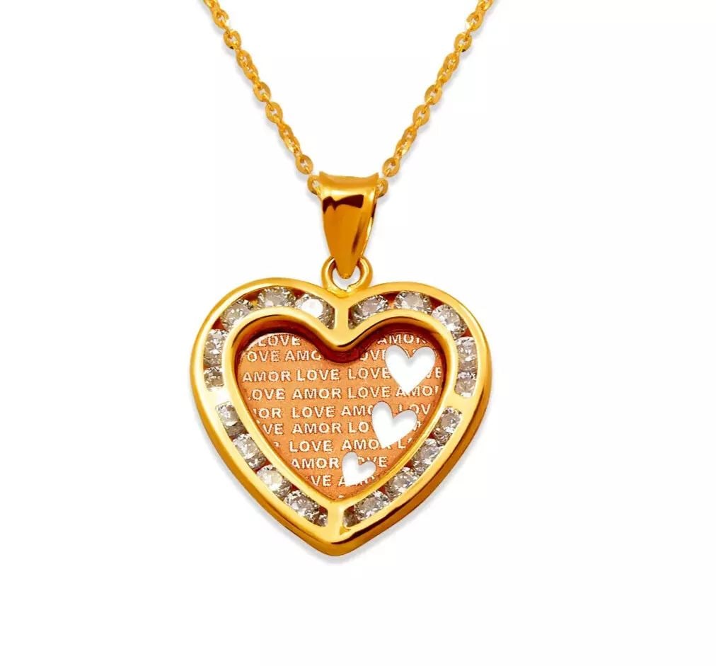 NEW 14K TRICOLOR GOLD AMOR LOVE CZ PENDANT: NEW 14K TRICOLOR GOLD AMOR LOVE CZ PENDANT 14K Tricolor Gold Approx. 17x16mm Cubic Zirconia Chains Sold Separately Weight: 1.1 Grams