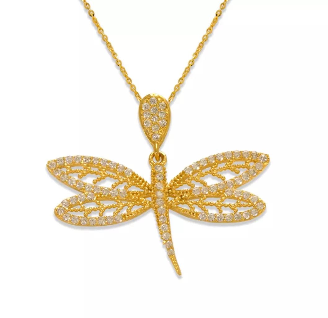 NEW 14K YELLOW GOLD FANCY DRAGONFLY CZ PENDANT (1 of 2)