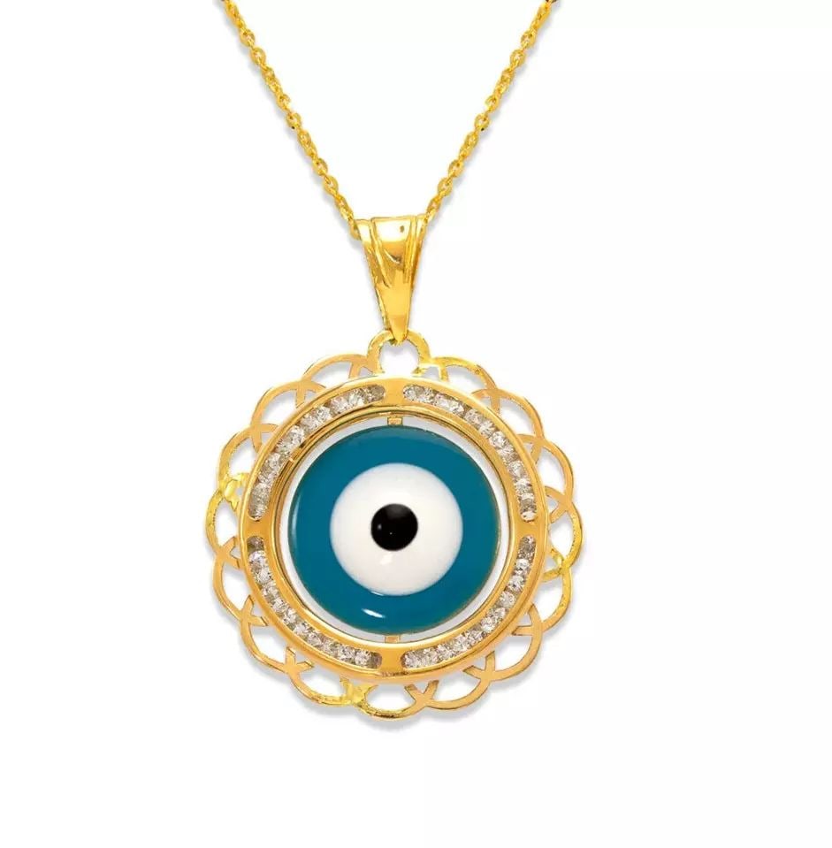 NEW 14K YELLOW GOLD EVIL EYE ENAMEL CZ PENDANT (1 of 2)