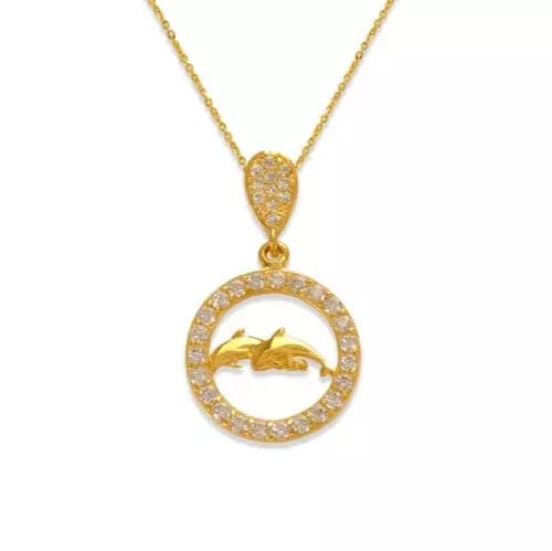 NEW 14K YELLOW GOLD FANCY DOLPHINS IN CIRCLE CZ PENDANT: NEW 14K YELLOW GOLD FANCY DOLPHINS IN CIRCLE CZ PENDANT 14K Yellow Gold Approx. 14mm High Polished/Cubic Zirconia Chains Sold Separately Weight: 1.1 Grams