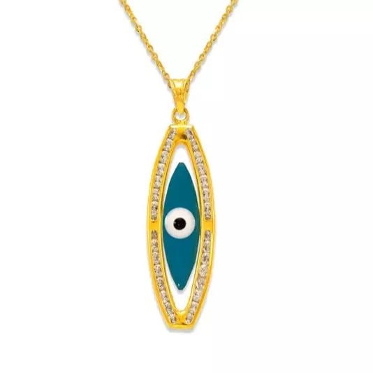 NEW 14K YELLOW GOLD EVIL EYE ENAMEL CZ PENDANT: NEW 14K YELLOW GOLD EVIL EYE ENAMEL CZ PENDANT 14K Yellow Gold Approx. 11x33mm Cubic Zirconia Chains Sold Separately Weight: 1.5 Grams