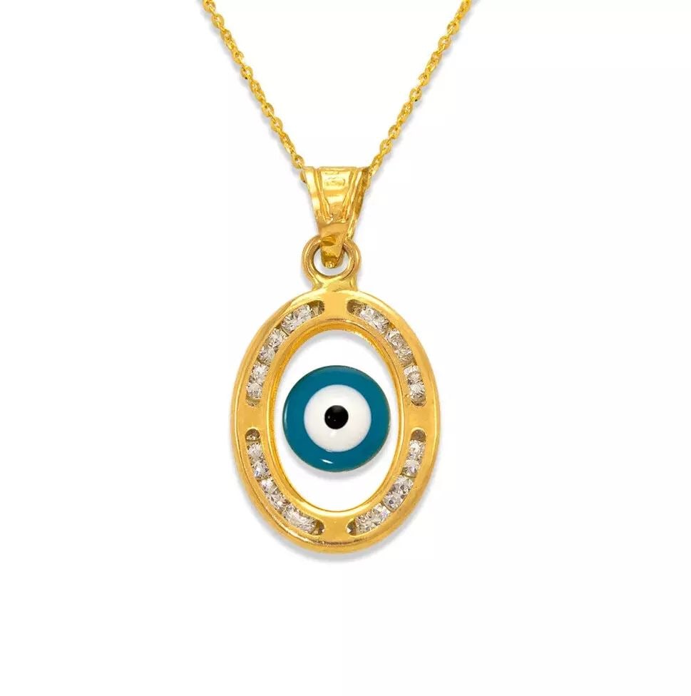 NEW 14K YELLOW GOLD EVIL EYE ENAMEL CZ PENDANT: NEW 14K YELLOW GOLD EVIL EYE ENAMEL CZ PENDANT 14K Yellow Gold Approx. 20x6mm High Polished/Cubic Zirconia Chains Sold Separately Weight: 0.9 Grams