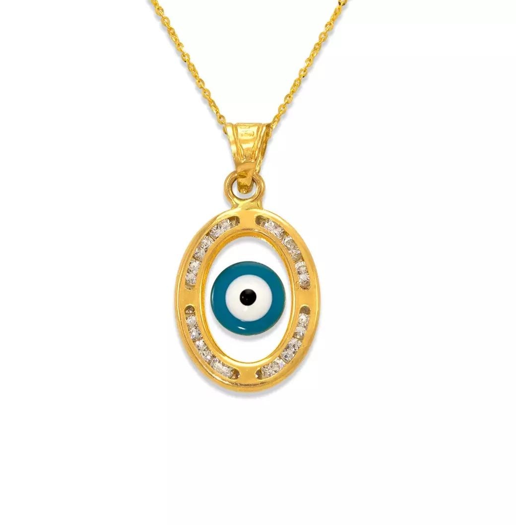 NEW 14K YELLOW GOLD EVIL EYE ENAMEL CZ PENDANT: NEW 14K YELLOW GOLD EVIL EYE ENAMEL CZ PENDANT 14K Yellow Gold Approx. 20x6mm High Polished/Cubic Zirconia Chains Sold Separately Weight: 0.9 Grams