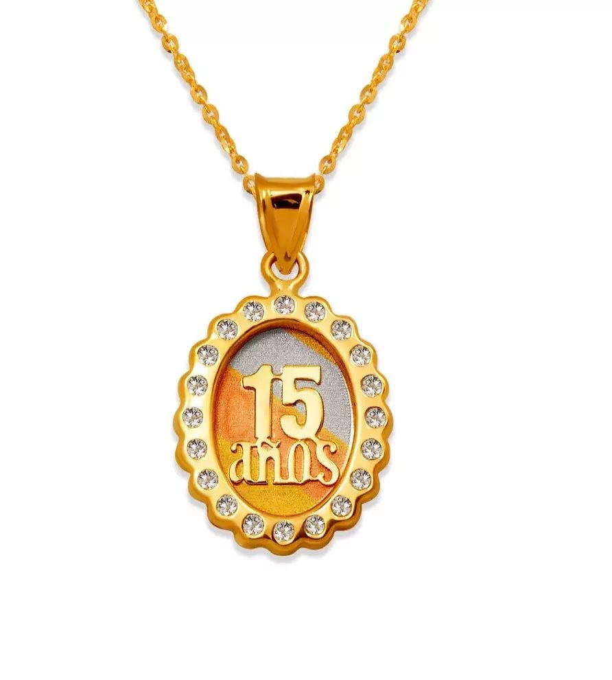 NEW 14K TRICOLOR GOLD MINI 15 ANOS CZ PENDANT: NEW 14K TRICOLOR GOLD MINI 15 ANOS CZ PENDANT 14K Tricolor Gold Approx. 13x16mm Cubic Zirconia Chains Sold Separately Weight: 1.1 Grams