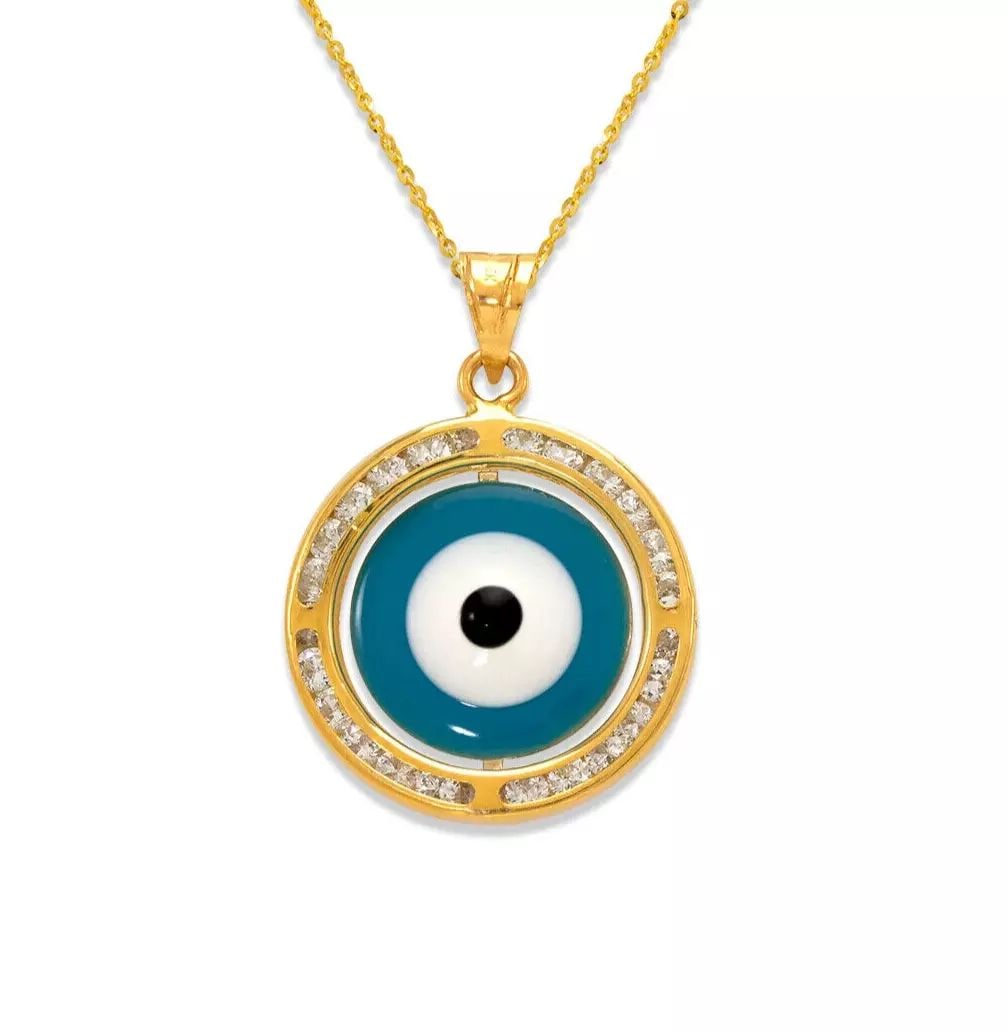NEW 14K YELLOW GOLD MEDIUM EVIL EYE ENAMEL CZ PENDANT: NEW 14K YELLOW GOLD MEDIUM EVIL EYE ENAMEL CZ PENDANT 14K Yellow Gold Approx. 18mm Cubic Zirconia Chains Sold Separately Weight: 1.3 Grams