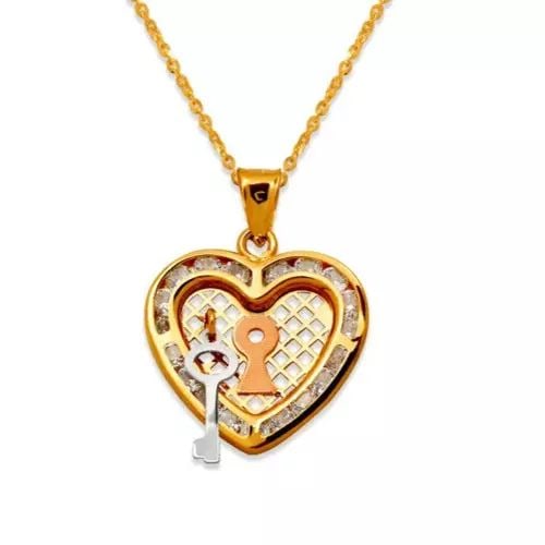 NEW 14K TRICOLOR GOLD HEART AND KEY CZ PENDANT: NEW 14K TRICOLOR GOLD HEART AND KEY CZ PENDANT 14K Tricolor Gold Approx. 17x16mm Cubic Zirconia Chains Sold Separately Weight: 1.2 Grams