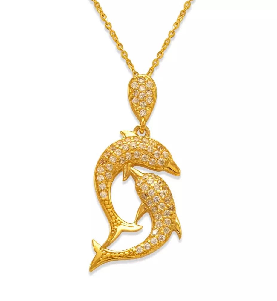 NEW 14K YELLOW GOLD FANCY TWO DOLPHIN CZ PENDANT: NEW 14K YELLOW GOLD FANCY TWO DOLPHIN CZ PENDANT 14K Yellow Gold Approx. 14x31mm High Polished/Cubic Zirconia Chains Sold Separately Weight: 2.3 Grams