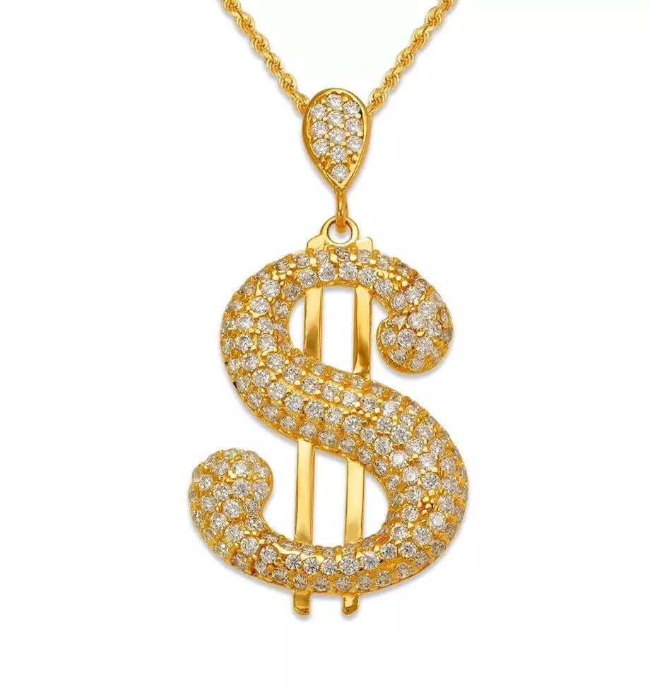 NEW 14K YELLOW GOLD FANCY DOLLAR SIGN CZ PENDANT: NEW 14K YELLOW GOLD FANCY DOLLAR SIGN CZ PENDANT 14K Yellow Gold Approx. 20x27mm Wide Cubic Zirconia Chains Sold Separately Weight: 3.1 Grams