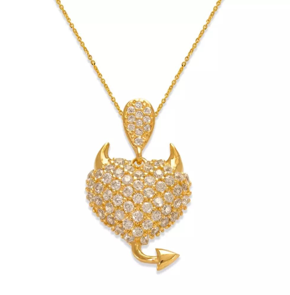 NEW 14K YELLOW GOLD FANCY DEVILISH HEART CZ PENDANT: NEW 14K YELLOW GOLD FANCY DEVILISH HEART CZ PENDANT 14K Yellow Gold Approx. 13.5x17.5mm High Polished/Cubic Zirconia Chains Sold Separately Weight: 2.2 Grams
