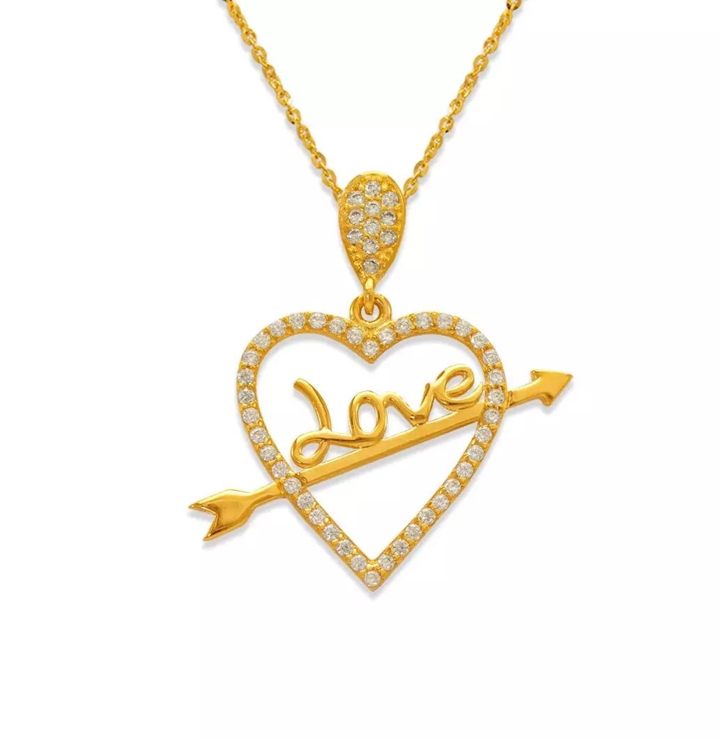 NEW 14K YELLOW GOLD FANCY HEART WITH LOVE ARROW CZ PENDANT (1 of 2)