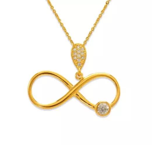 NEW 14K YELLOW GOLD FANCY INFINITE CZ PENDANT: NEW 14K YELLOW GOLD FANCY INFINITE CZ PENDANT 14K Yellow Gold Approx. 25x12mm High Polished/Cubic Zirconia Chains Sold Separately Weight: 1.3 Grams