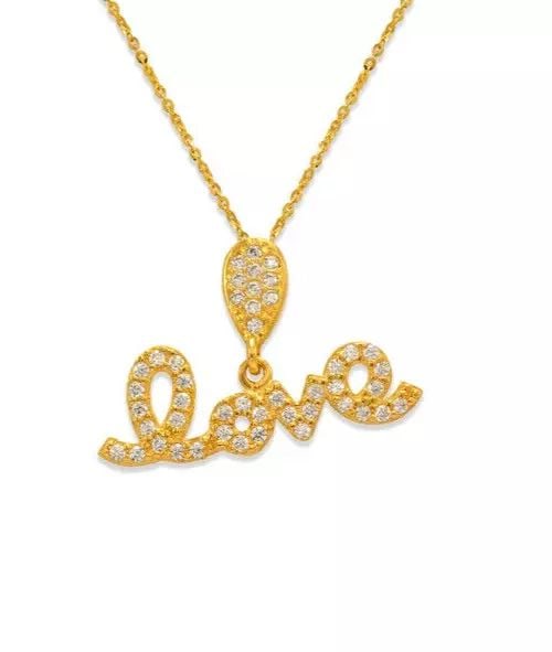 NEW 14K YELLOW GOLD FANCY LOVE CZ PENDANT: NEW 14K YELLOW GOLD FANCY LOVE CZ PENDANT 14K Yellow Gold Approx. 22x6mm High Polished/Cubic Zirconia Available in Rose and White Gold Chains Sold Separately Weight: 1.1 Grams