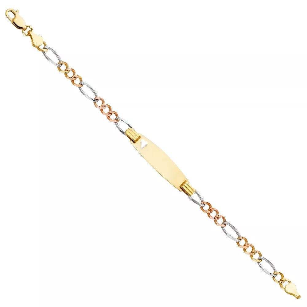 NEW 14K TRI COLOR GOLD FIGARO 3+1 100 OVAL BABY ID BRACELET: NEW 14K TRI COLOR FIGARO 3+1 100 OVAL BABY ID BRACELET 14K MULTI COLOR GOLD NEW TRI COLOR FIGARO 3+1 100 OVAL BABY ID BRACELET WEIGHT: 4.5 g LENGTH: 6in