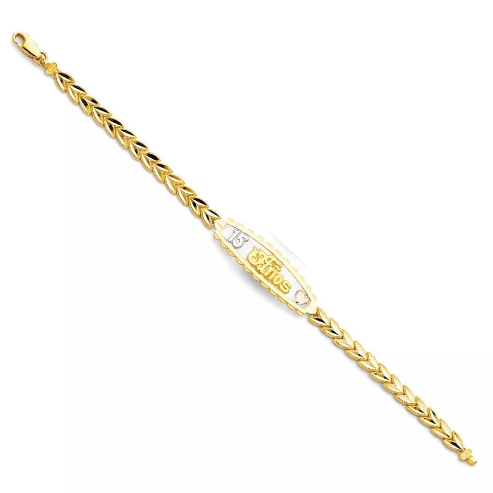 NEW 14K TRI COLOR GOLD 15 YEARS ID BRACELET: NEW 14K TRI COLOR 15 YEARS ID BRACELET 14K MULTI COLOR GOLD NEW TRI COLOR 15 YEARS ID BRACELET WEIGHT: 7.7 g LENGTH: 7.25in
