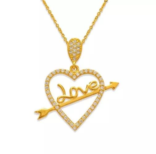 NEW 14K YELLOW GOLD FANCY HEART WITH LOVE ARROW CZ PENDANT: NEW 14K YELLOW GOLD FANCY HEART WITH LOVE ARROW CZ PENDANT 14K Yellow Gold Approx. 24x19mm High Polished/Cubic Zirconia Chains Sold Separately Weight: 1.9 Grams