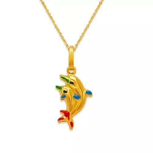 NEW 14K YELLOW GOLD TWO DOLPHINS ENAMEL CHARM PENDANT: NEW 14K YELLOW GOLD TWO DOLPHINS ENAMEL CHARM PENDANT 14K Yellow Gold Approx. 10x13mm Hollow Chains Sold Separately Weight: 0.9 Grams