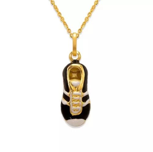 NEW 14K YELLOW GOLD BLACK / WHITE SOCCER SHOE ENAMEL CHARM PENDANT: NEW 14K YELLOW GOLD BLACK / WHITE SOCCER SHOE ENAMEL CHARM PENDANT 14K Yellow Gold Approx. 8x18mm Hollow Chains Sold Separately Weight: 1.5 Grams