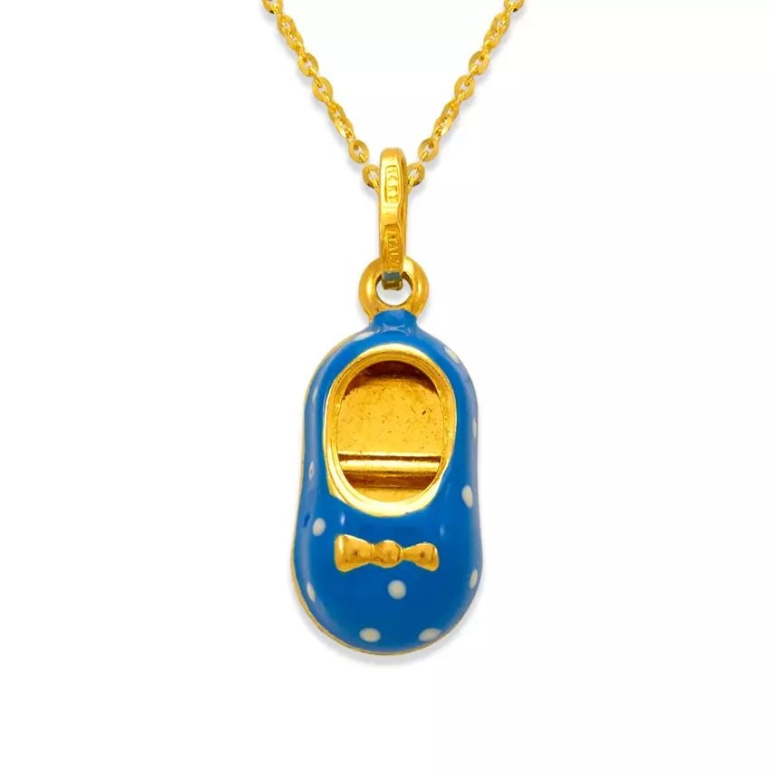 NEW 14K YELLOW GOLD BABY BOY SHOE ENAMEL CHARM PENDANT: NEW 14K YELLOW GOLD BABY BOY SHOE ENAMEL CHARM PENDANT 14K Yellow Gold Approx. 9x17mm Hollow Chains Sold Separately Weight: 1.4 Grams