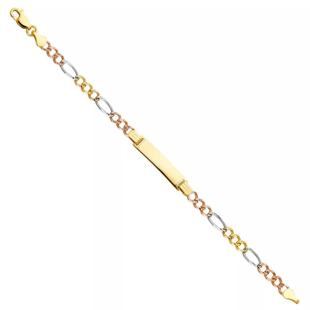 NEW 14K TRI COLOR GOLD FIGARO 3+1 100 BABY ID BRACELET: NEW 14K TRI COLOR FIGARO 3+1 100 BABY ID BRACELET 14K TRI-COLOR GOLD NEW TRI COLOR FIGARO 3+1 100 BABY ID BRACELET WEIGHT: 4.5 g LENGTH: 6in