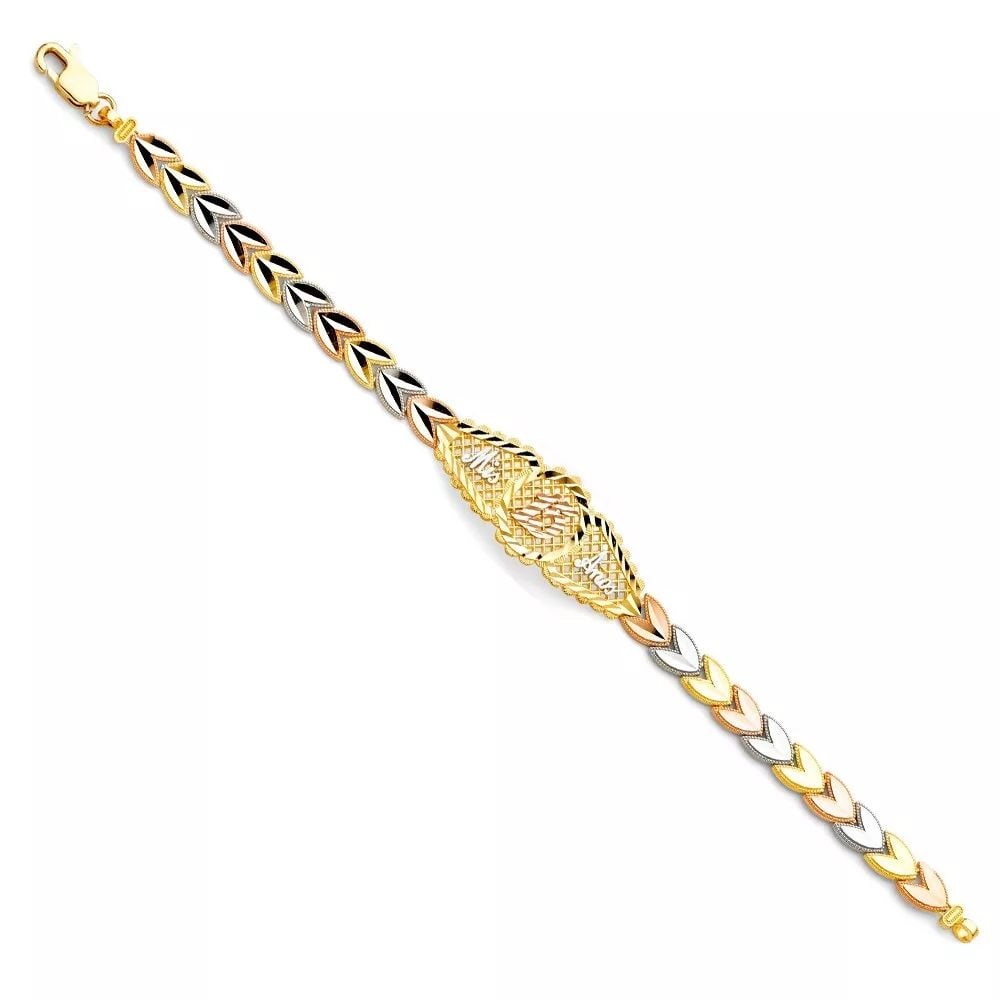 NEW 14K TRI COLOR GOLD 15 YEARS ID BRACELET: NEW 14K TRI COLOR 15 YEARS ID BRACELET 14K TRI-COLOR GOLD NEW TRI COLOR 15 YEARS ID BRACELET WEIGHT: 8 g LENGTH: 7.25in