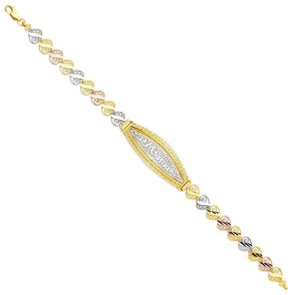 NEW 14K TRI COLOR GOLD MAMA ID BRACELET: NEW 14K TRI COLOR MAMA ID BRACELET 14K TRI-COLOR GOLD NEW TRI COLOR MAMA ID BRACELET WEIGHT: 9.6 g LENGTH: 7.5in