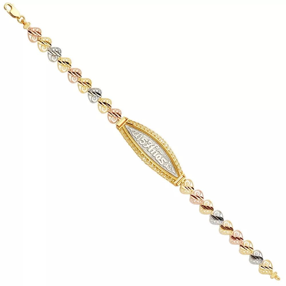 NEW 14K TRI COLOR GOLD 15 YEARS ID BRACELET: NEW 14K TRI COLOR 15 YEARS ID BRACELET 14K TRI-COLOR GOLD NEW TRI COLOR 15 YEARS ID BRACELET WEIGHT: 9.7 g LENGTH: 7.5in